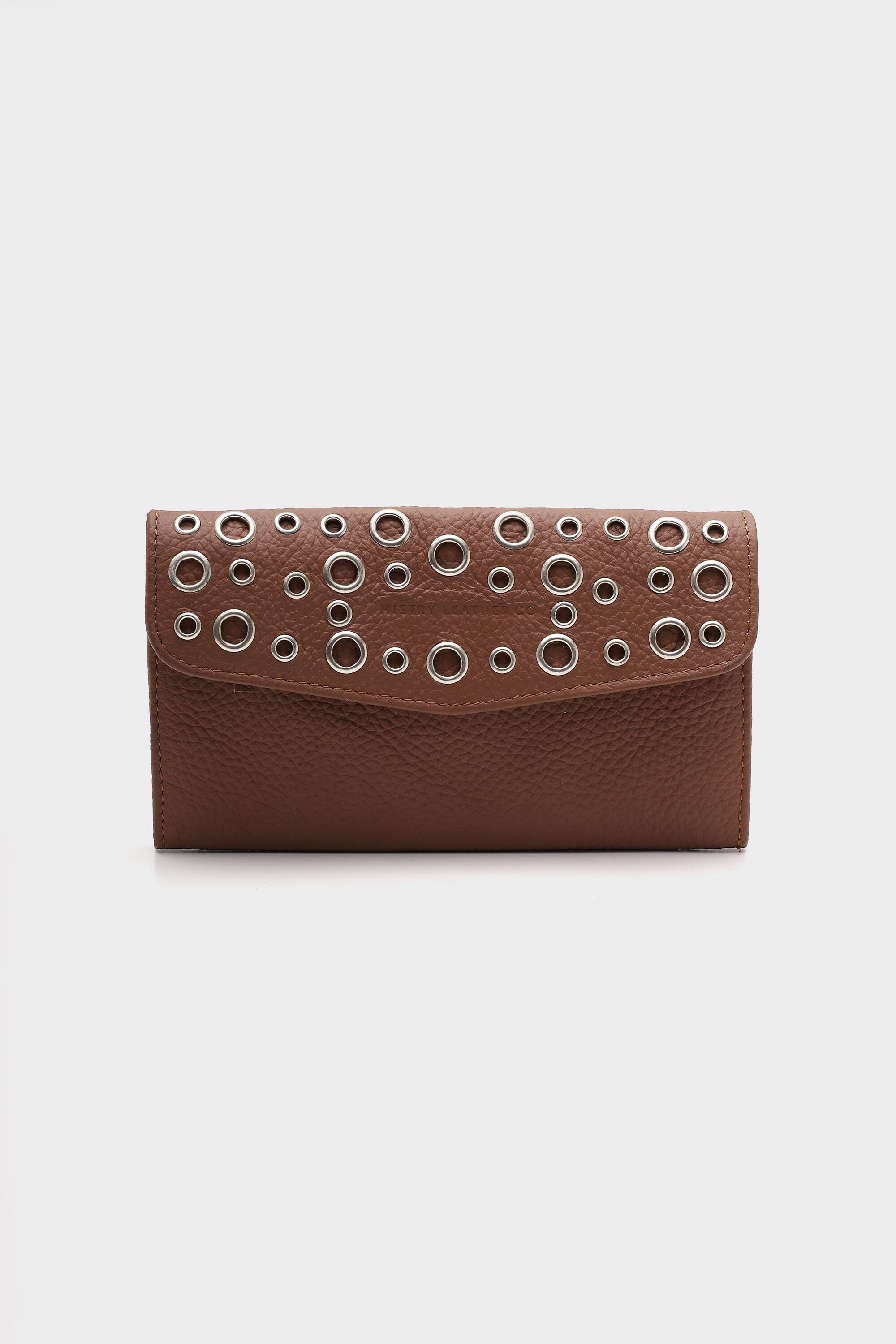 Leather Wallet with Silver Eyelets In Mocha