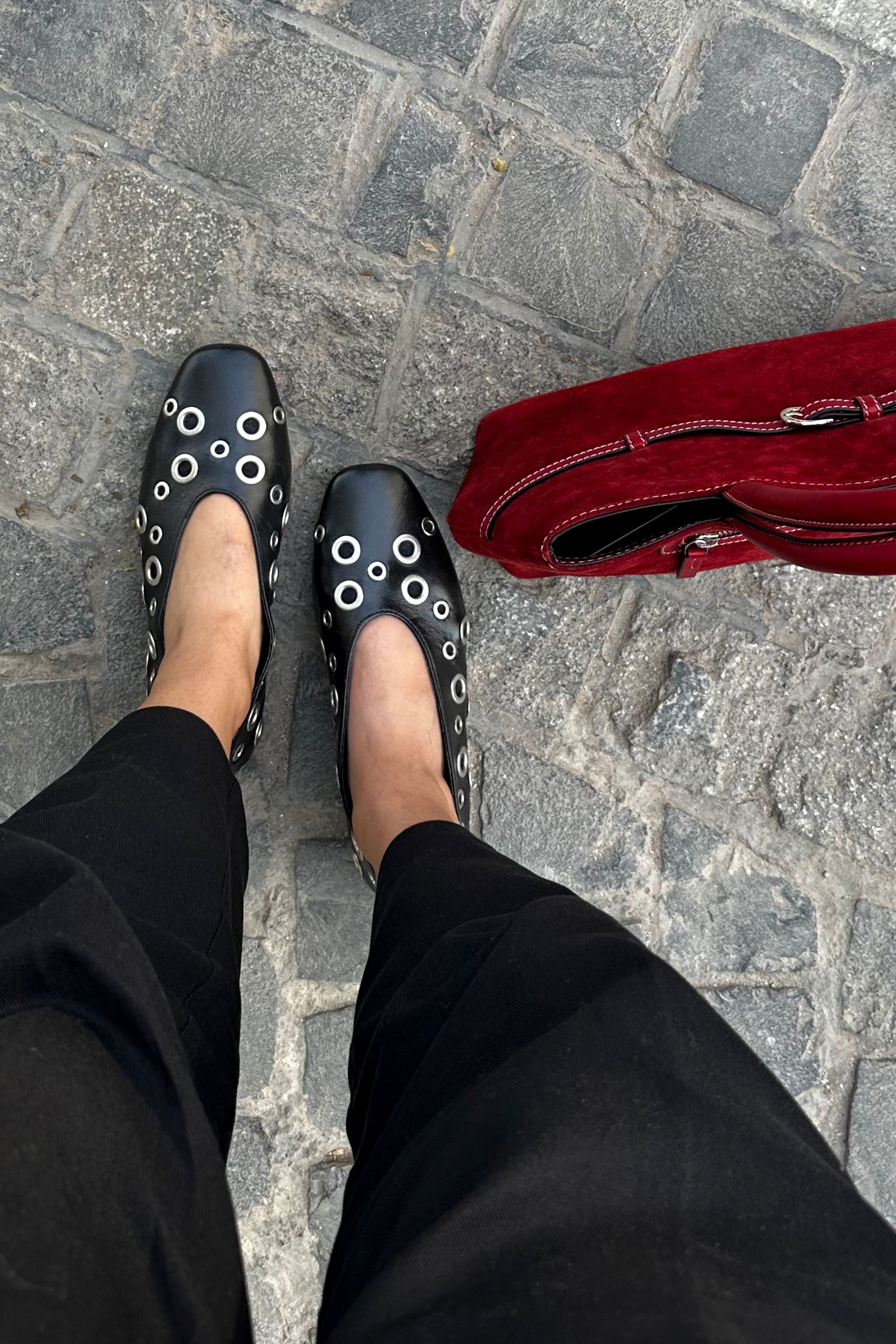 Black Ballet Flats with Eyelets - Main Image