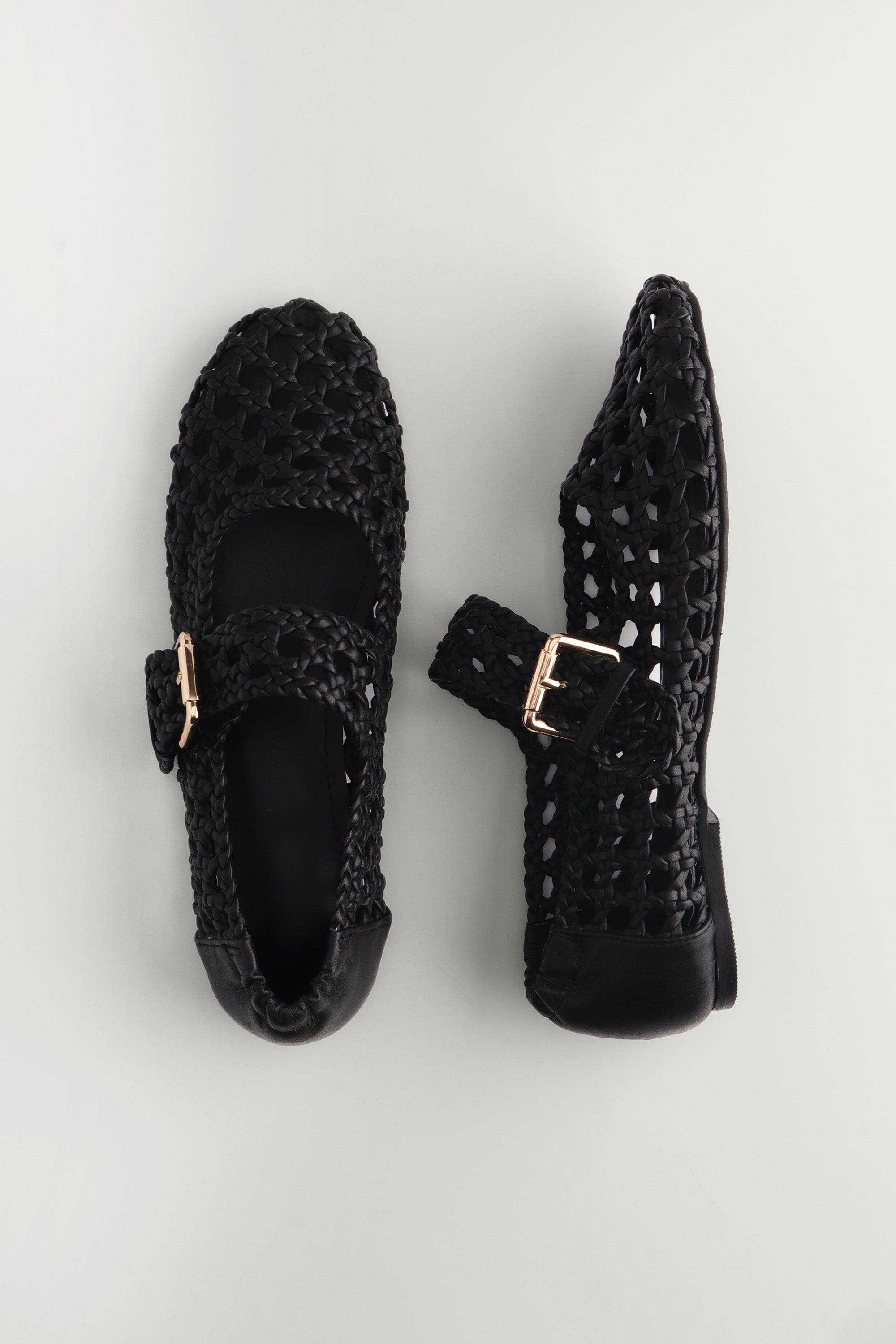 Woven Buckled Flats in Black