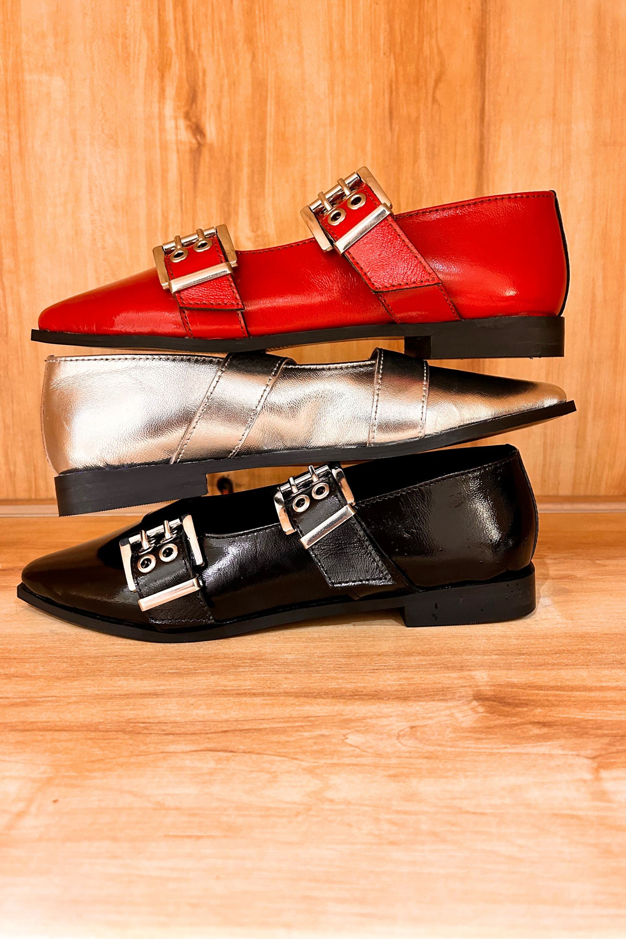 Buckled Ballet Flats in Red Patent Leather