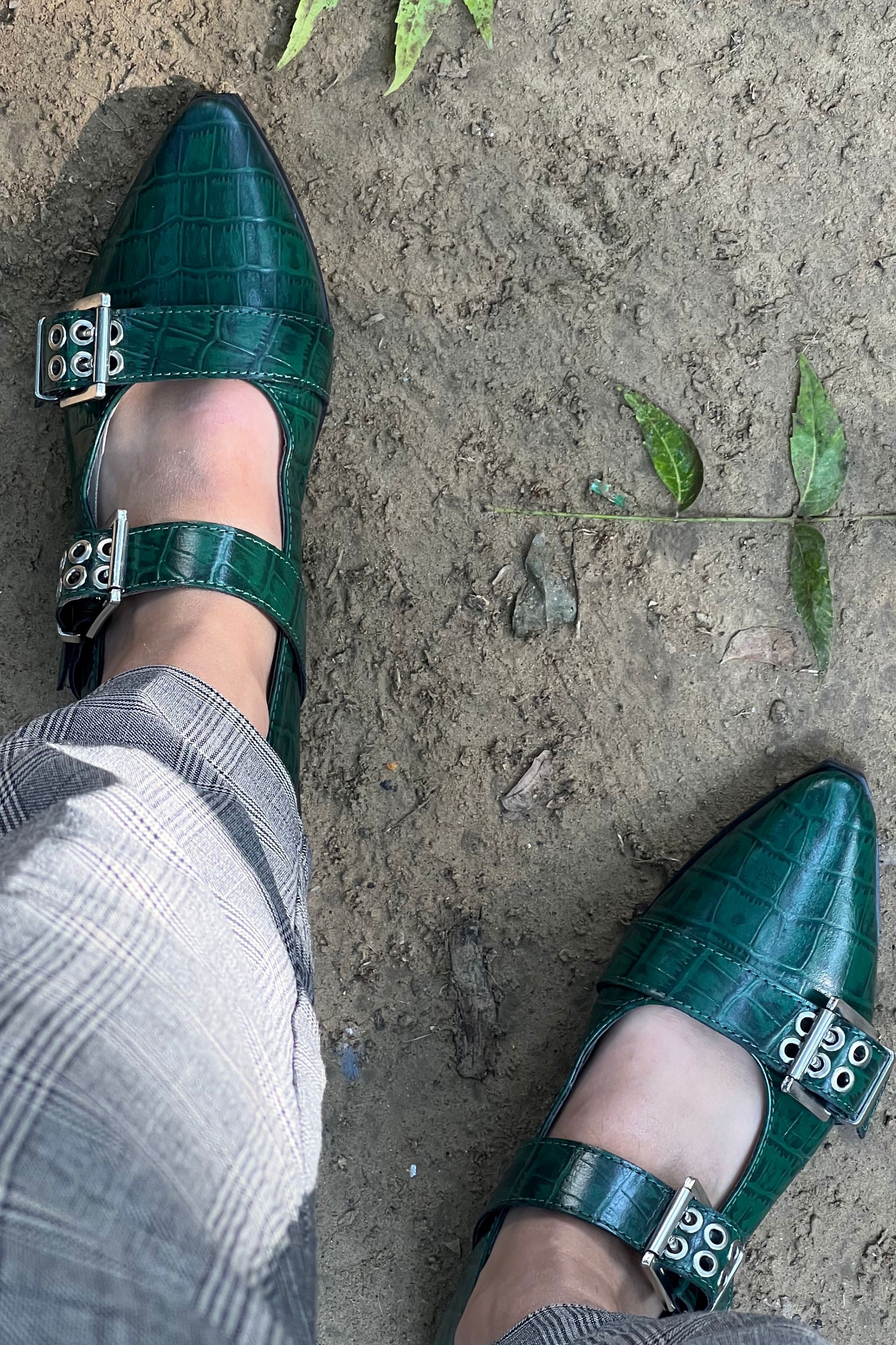 Buckled Ballet Flats in Forest Green