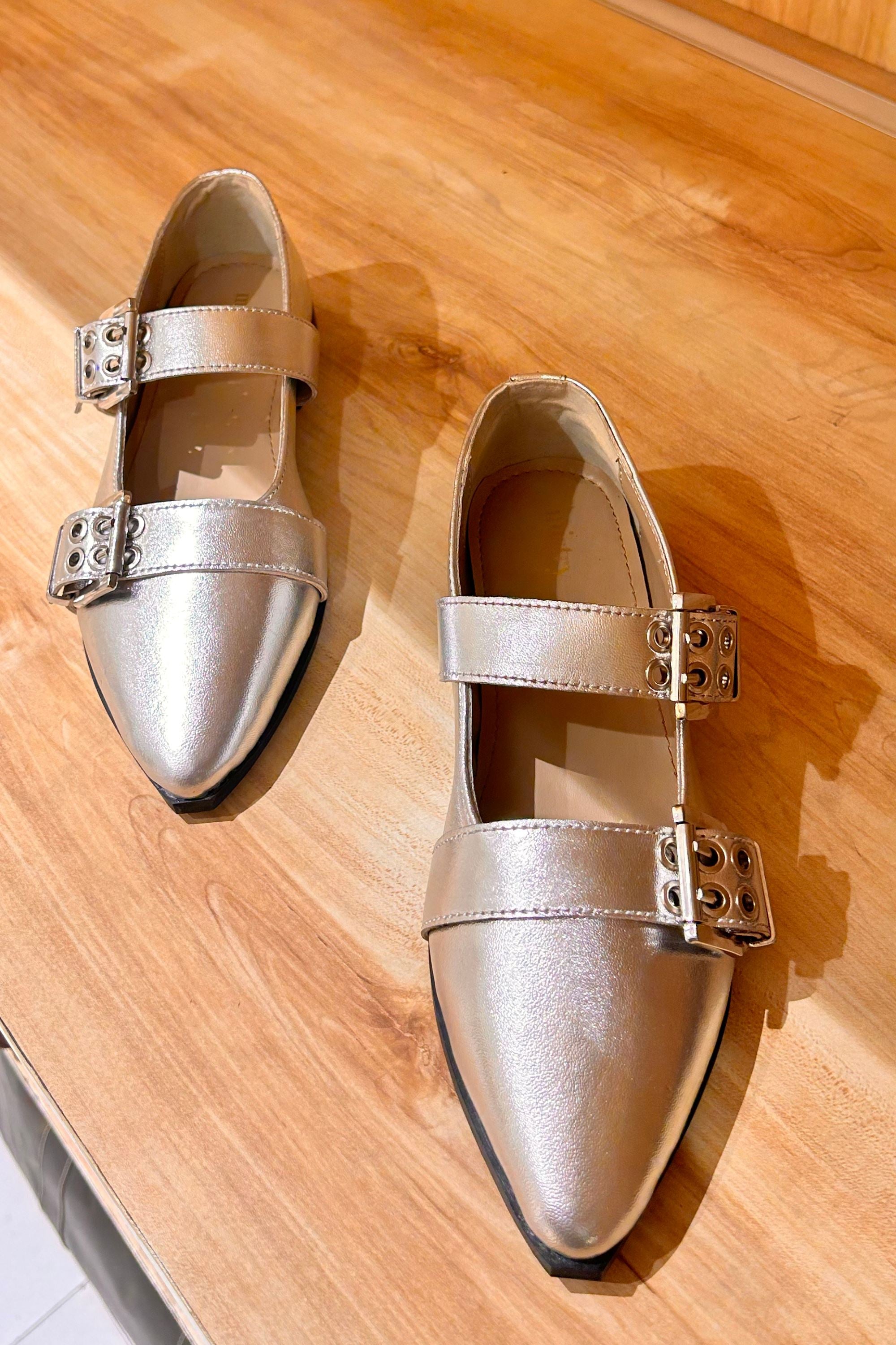 Buckled Ballet Flats in Metallic Silver