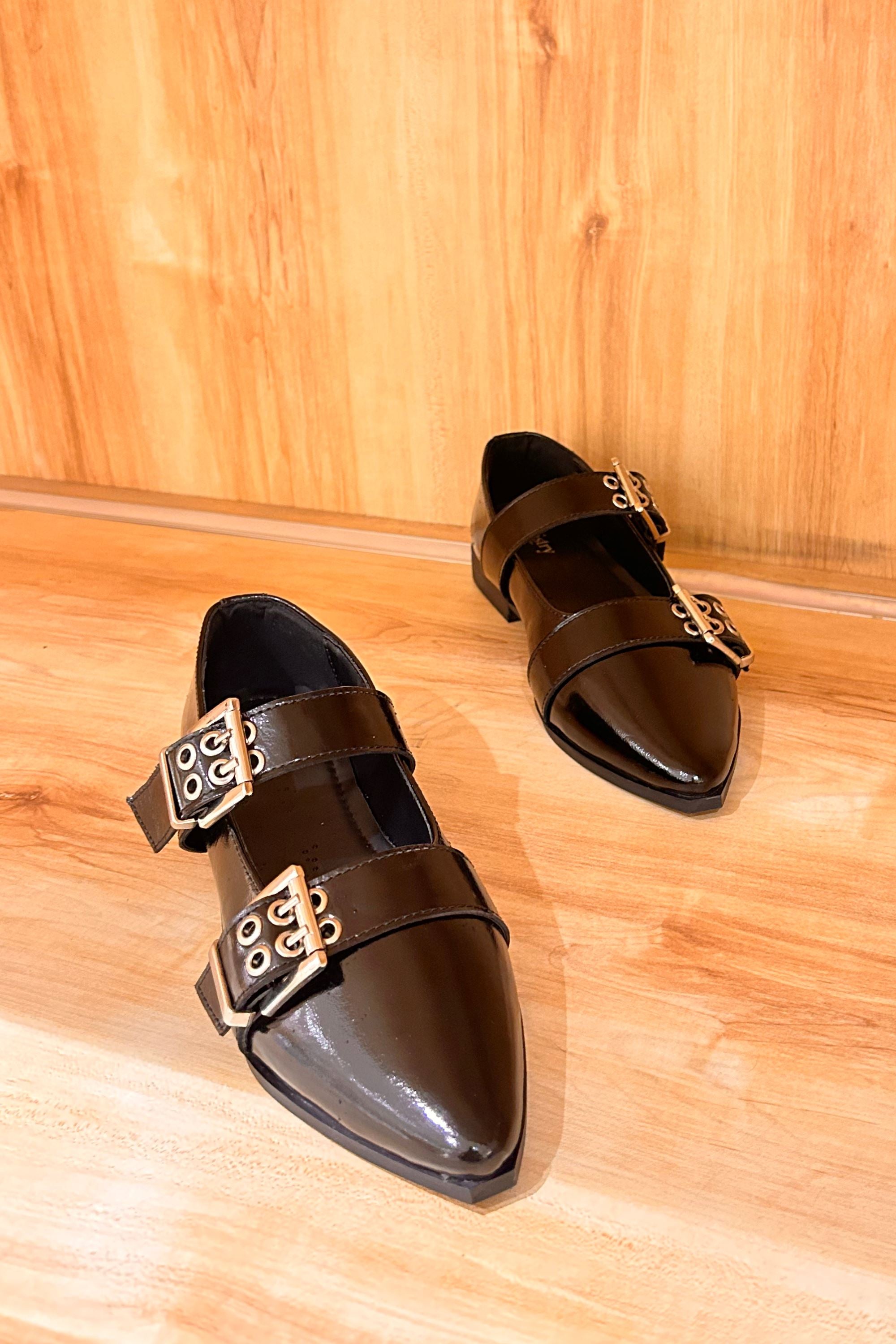 Buckled Ballet Flats in Black Patent Leather