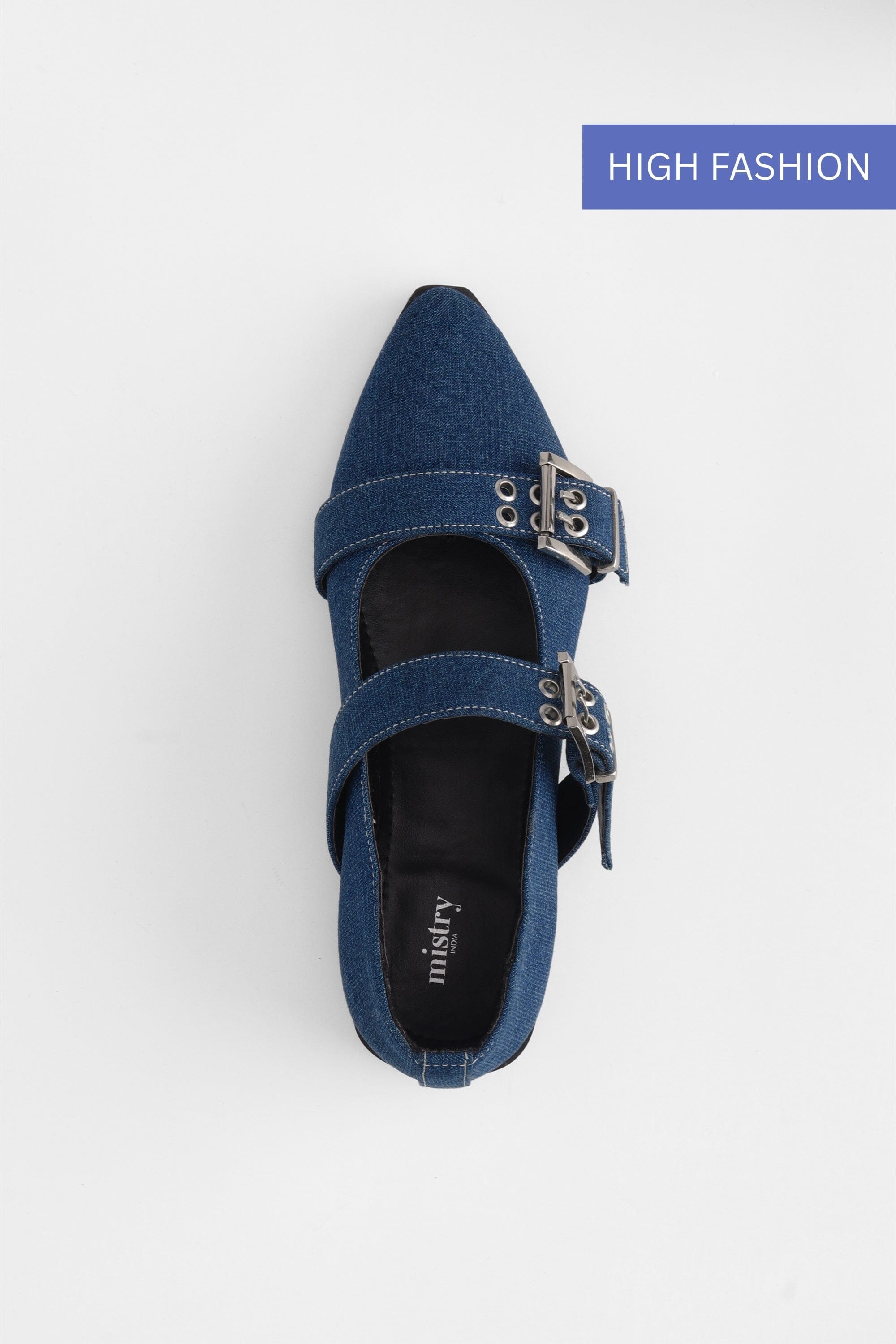 Buckled Ballet Flats in Indigo Denim