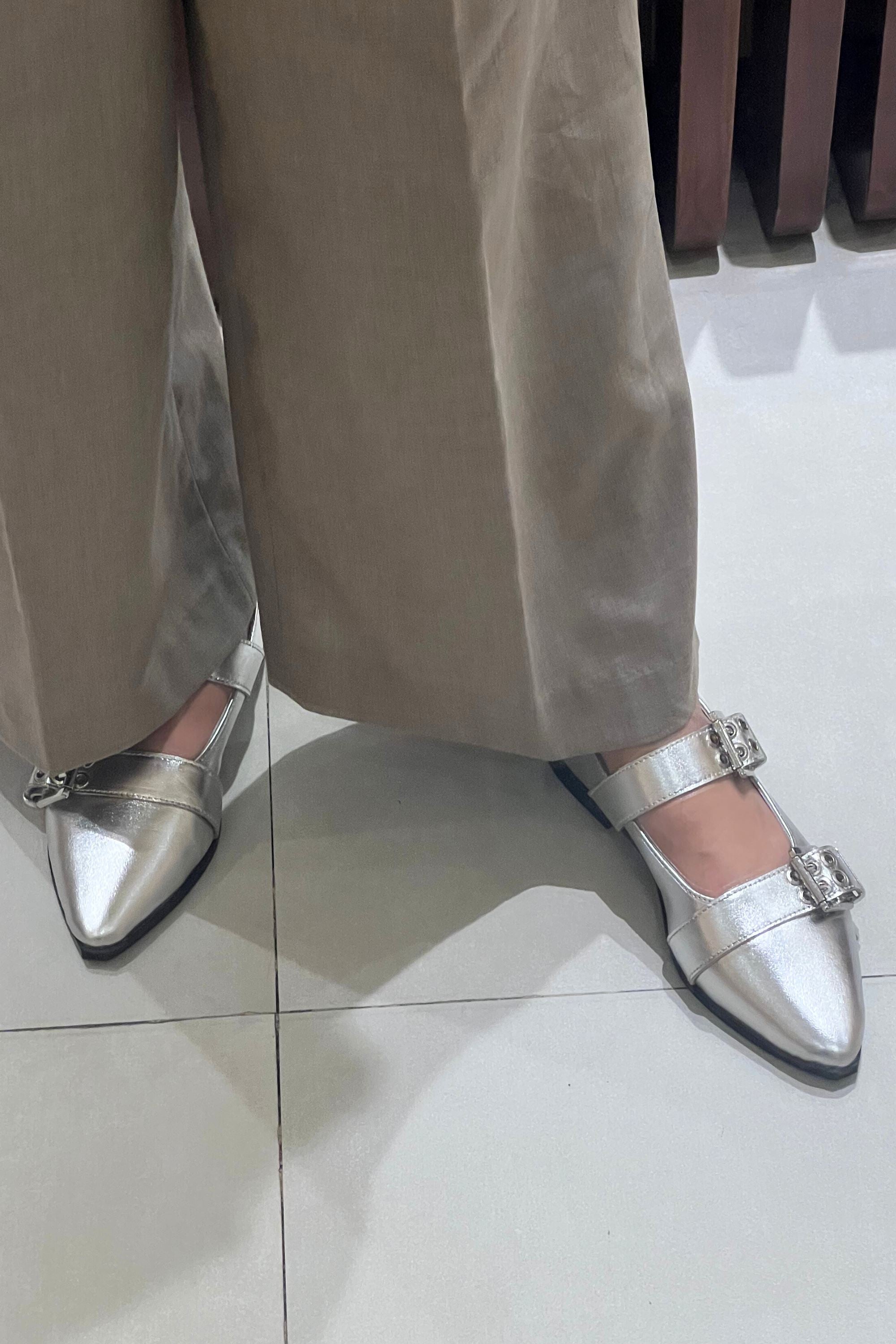 Buckled Ballet Flats in Metallic Silver