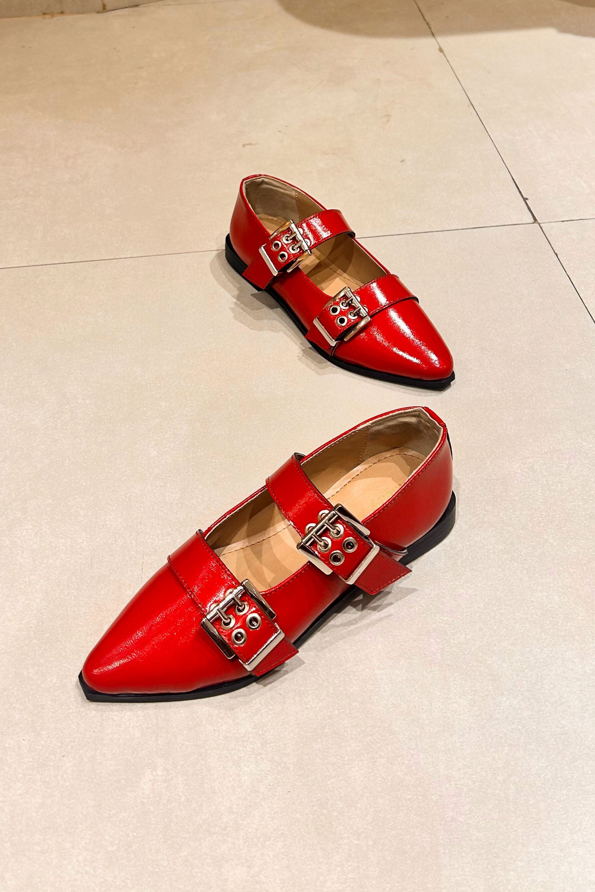 Buckled Ballet Flats in Red Patent Leather