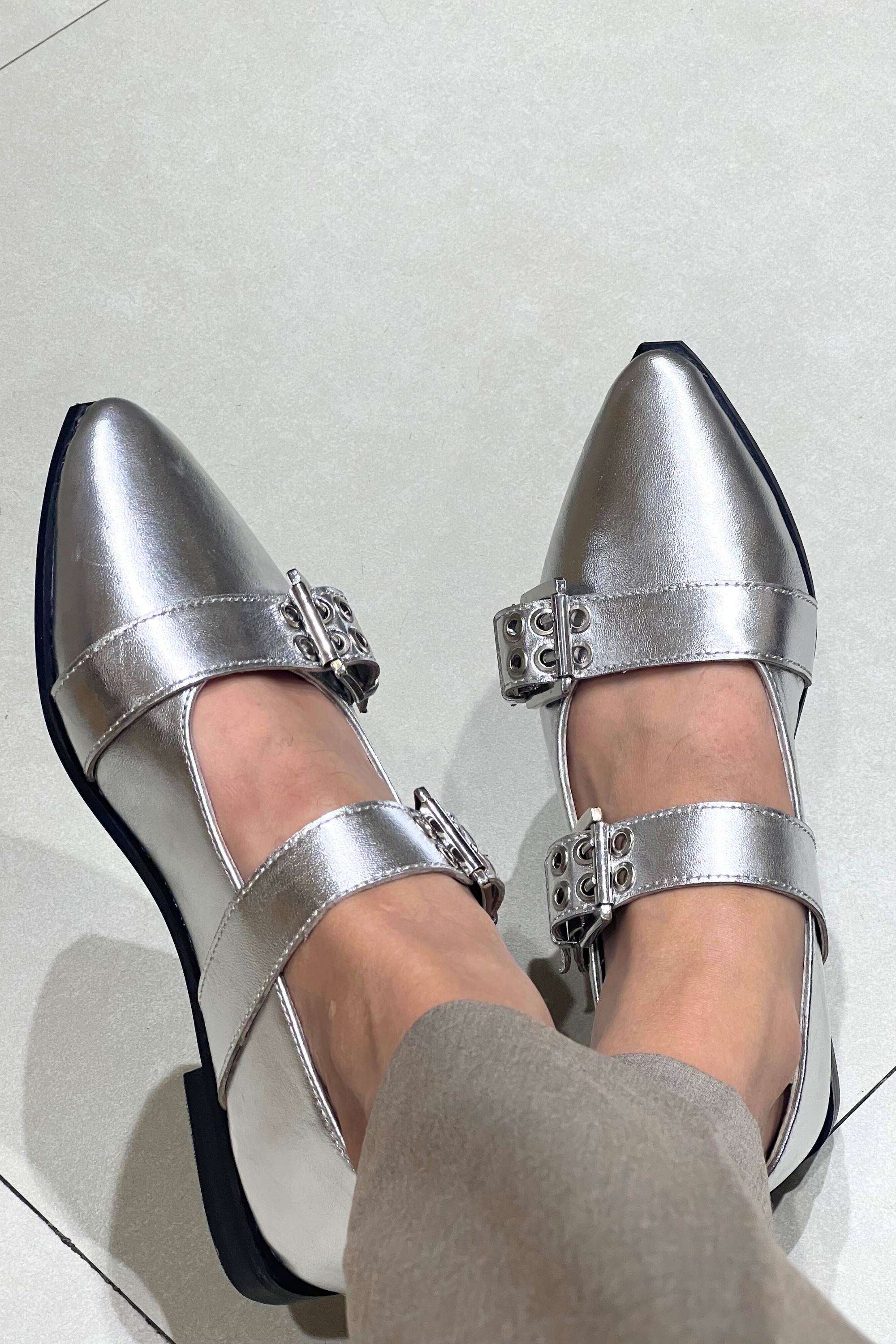 Buckled Ballet Flats in Metallic Silver