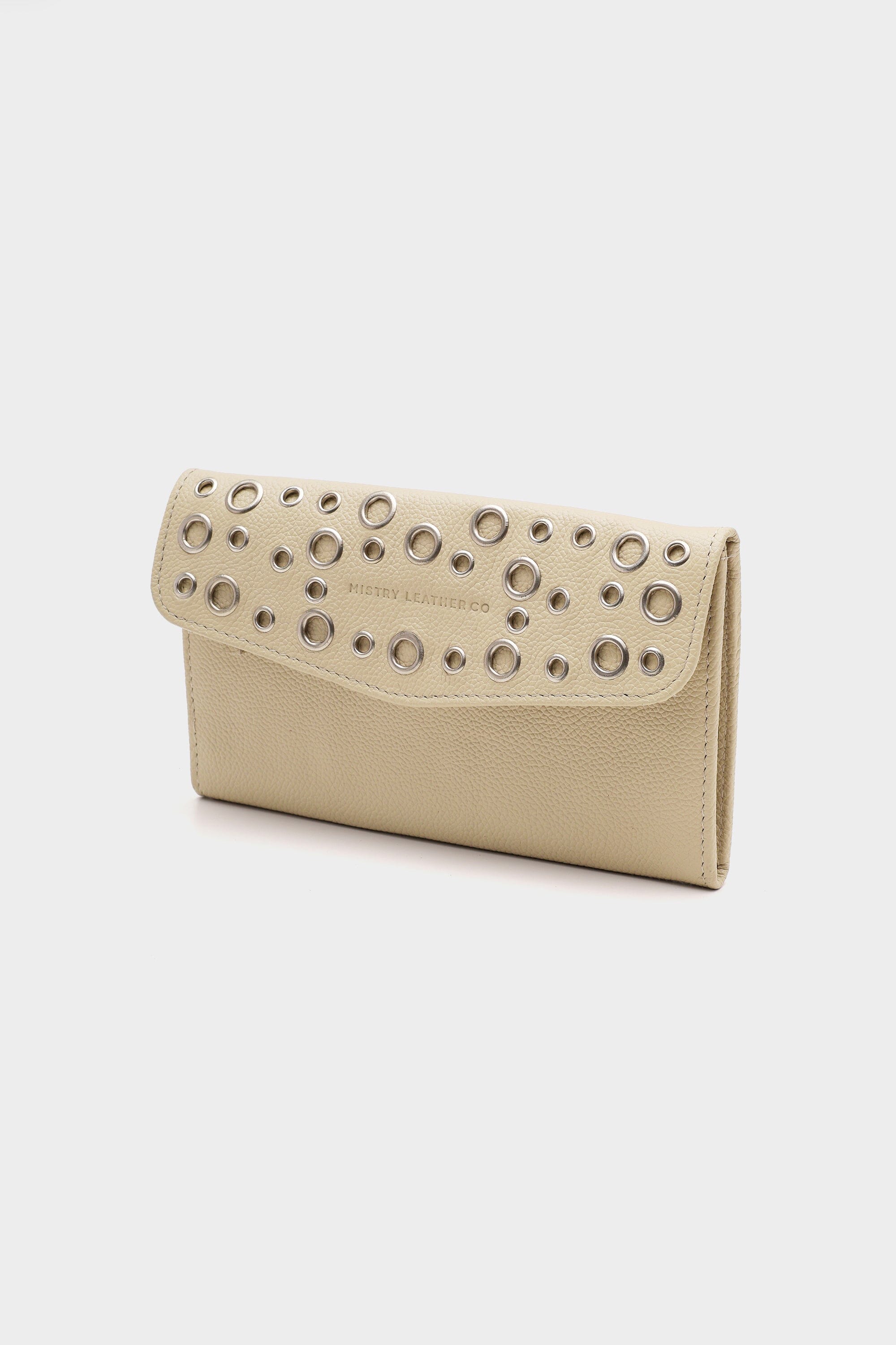 Leather Wallet with Silver Eyelets In Ecru