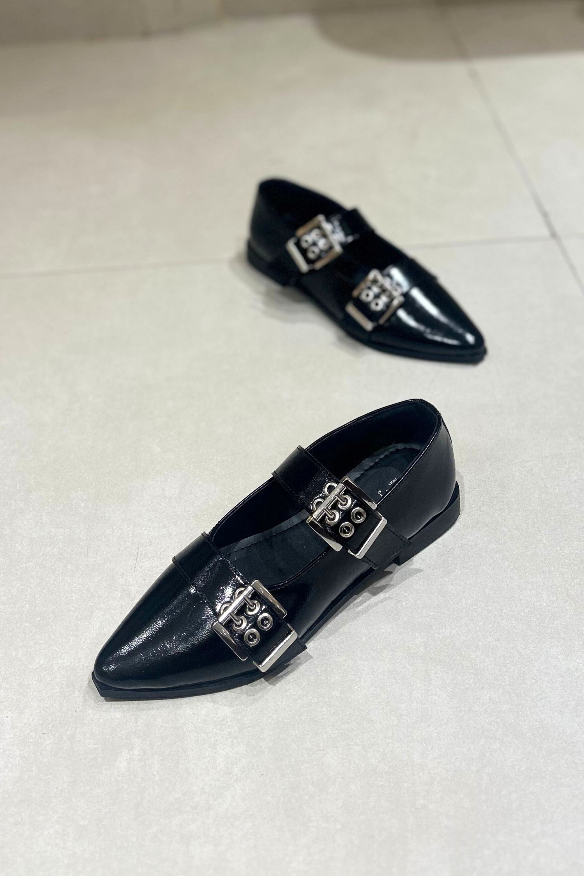 Buckled Ballet Flats in Black Patent Leather