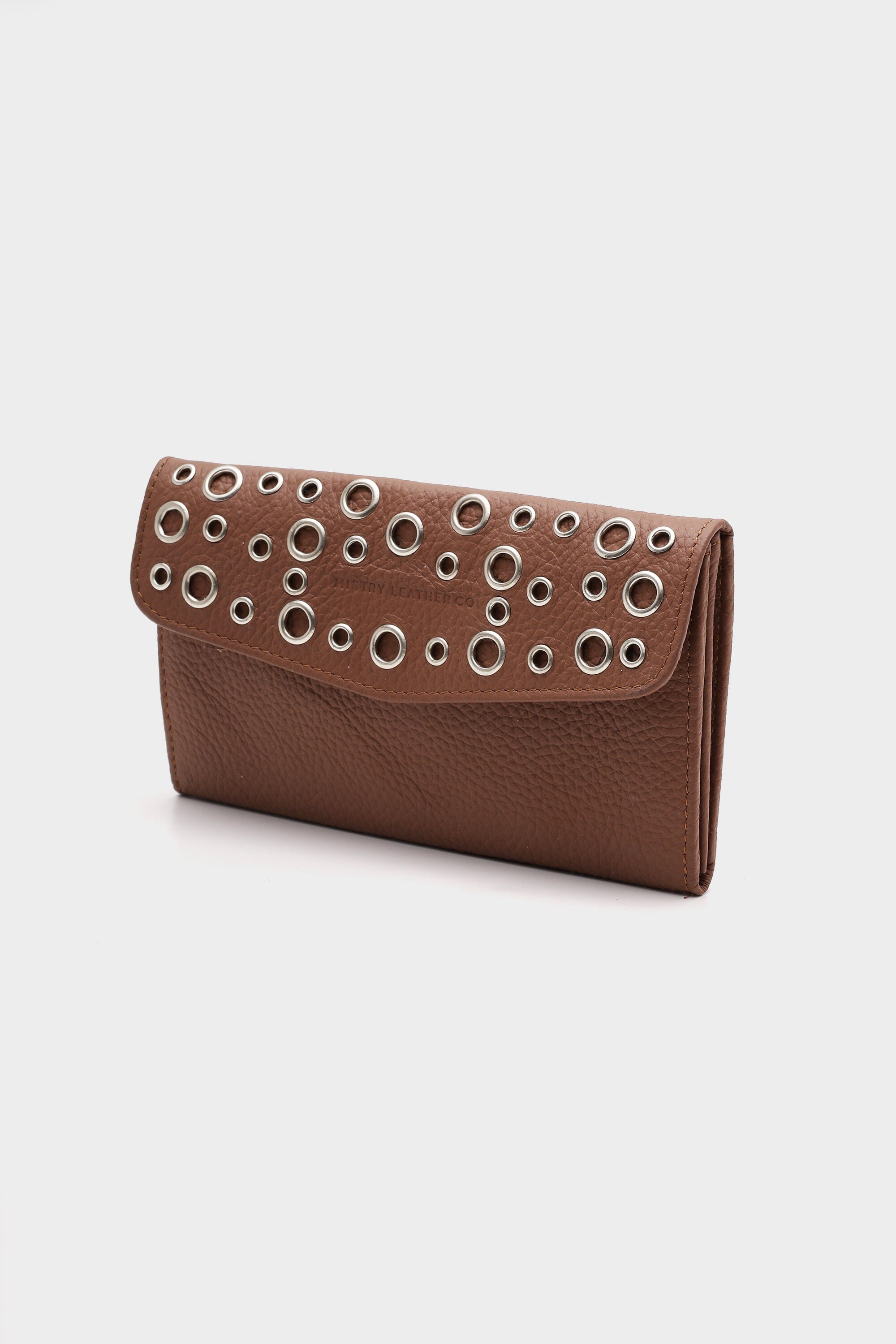 Leather Wallet with Silver Eyelets In Mocha