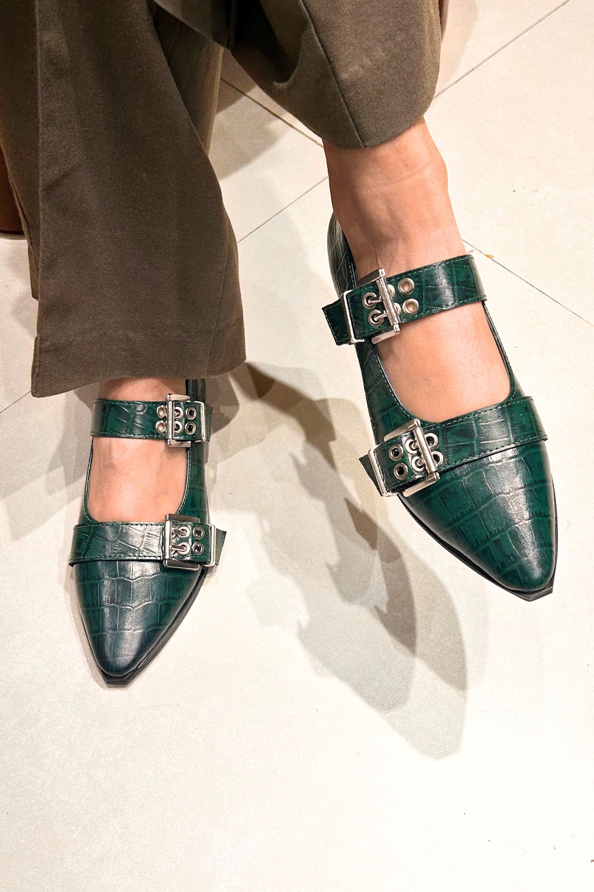 Buckled Ballet Flats in Forest Green