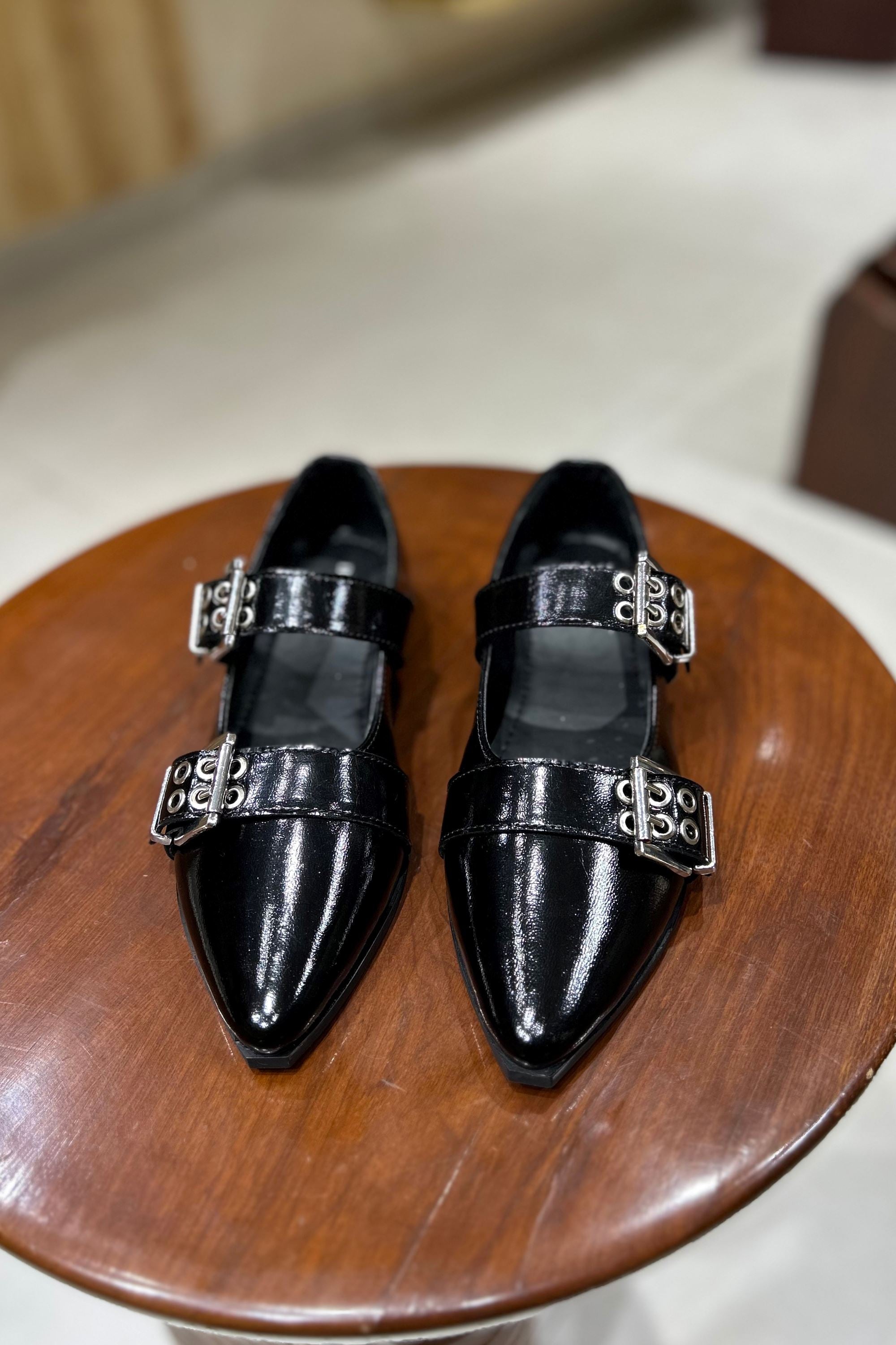 Buckled Ballet Flats in Black Patent Leather