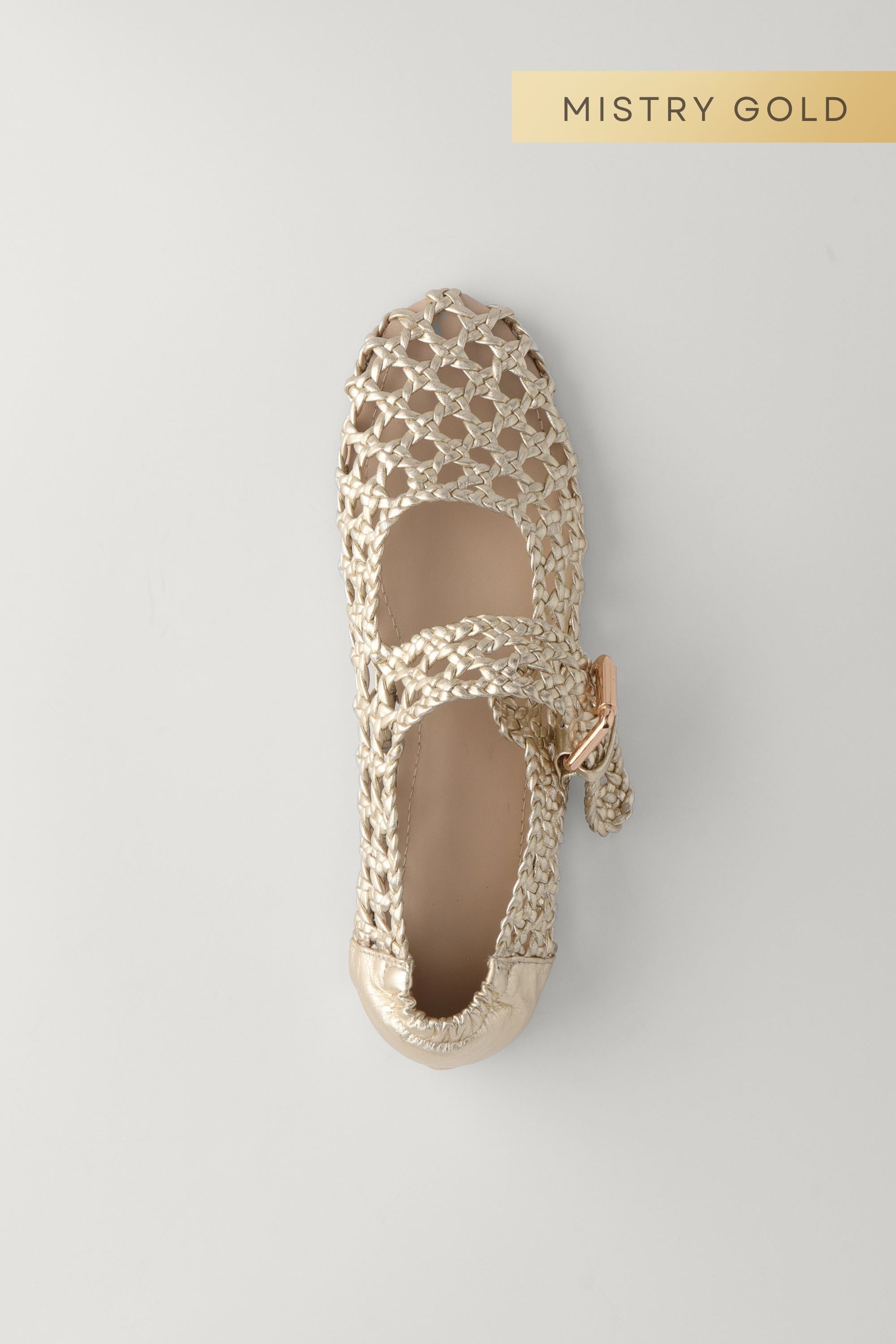 Woven Buckled Flats in Champagne