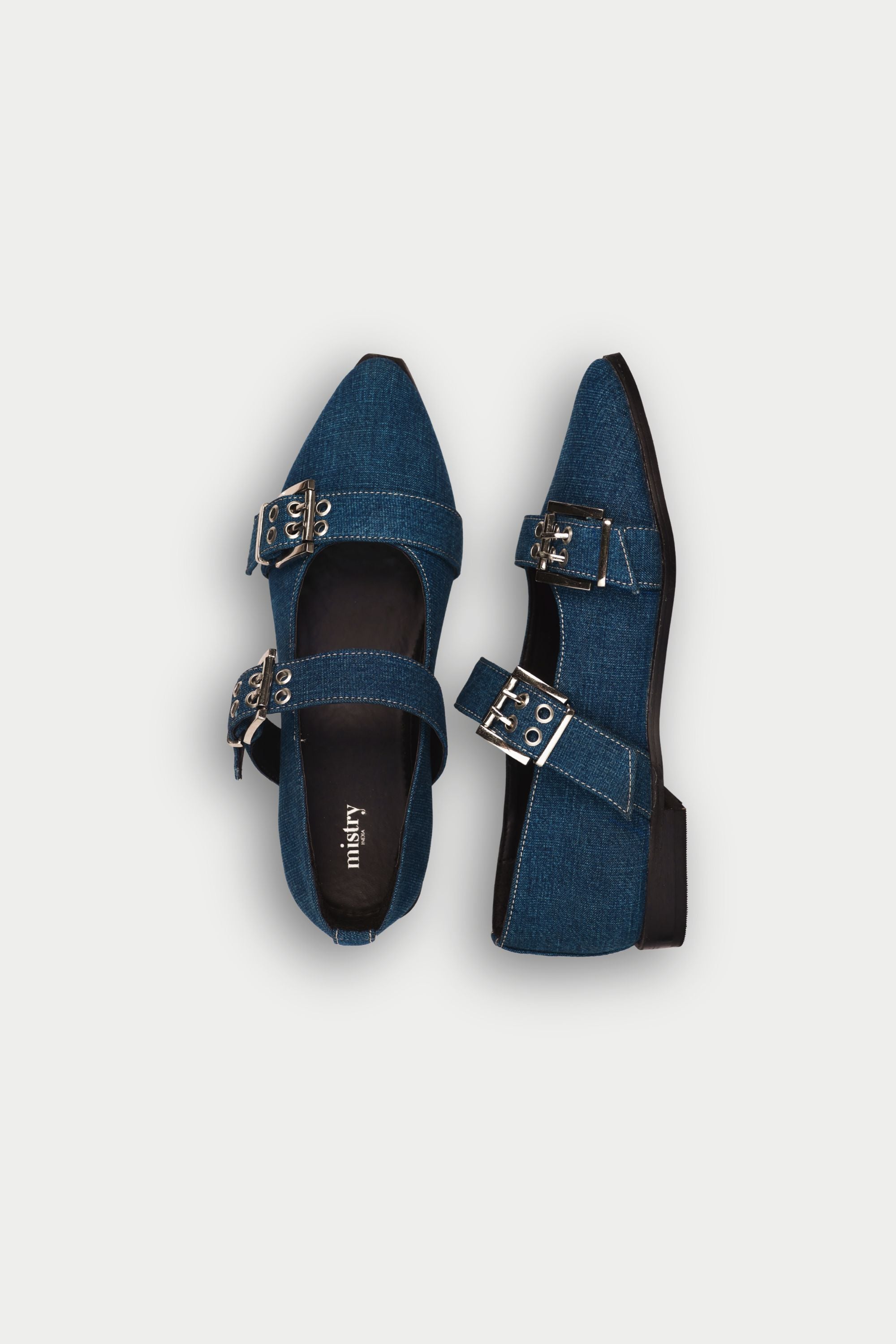 Buckled Ballet Flats in Indigo Denim