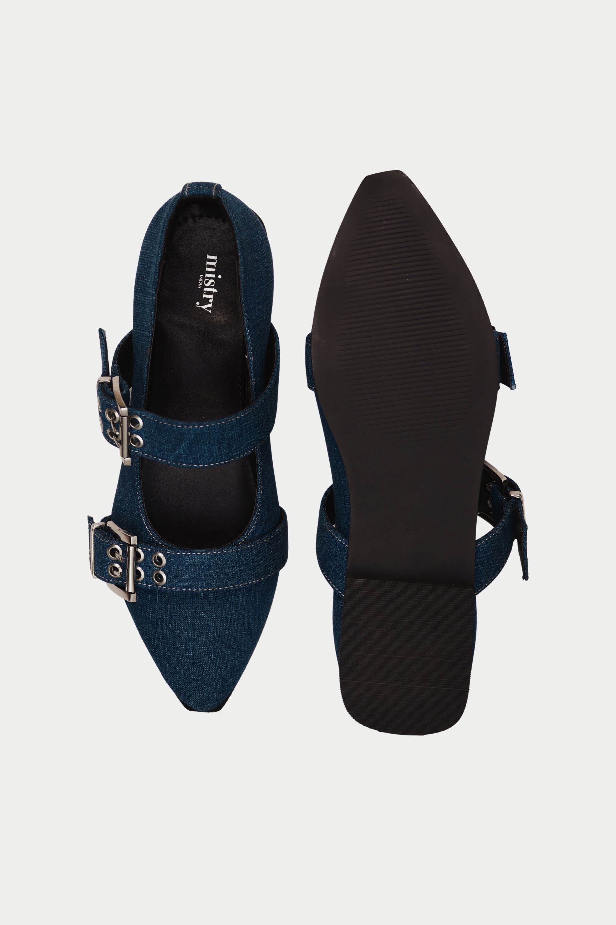 Buckled Ballet Flats in Indigo Denim