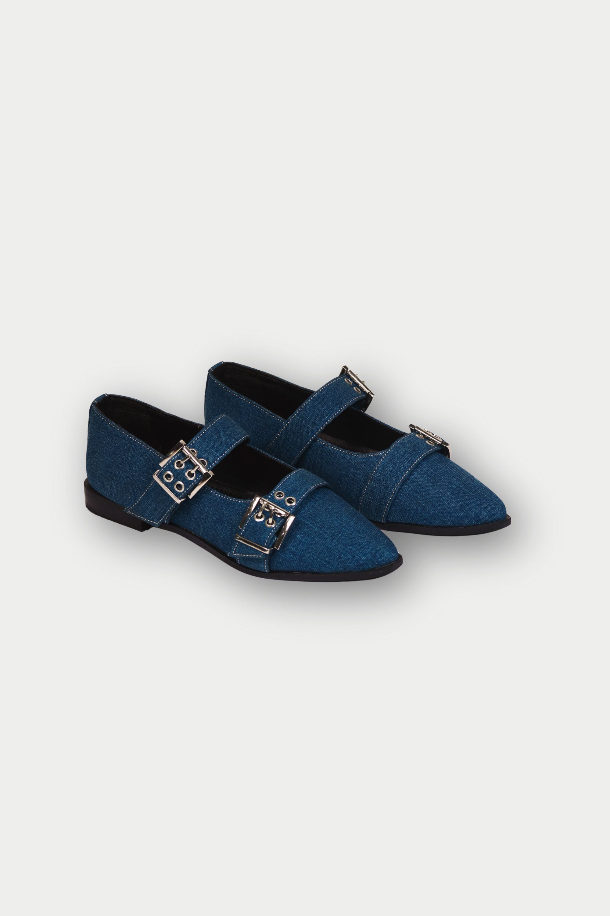 Buckled Ballet Flats in Indigo Denim