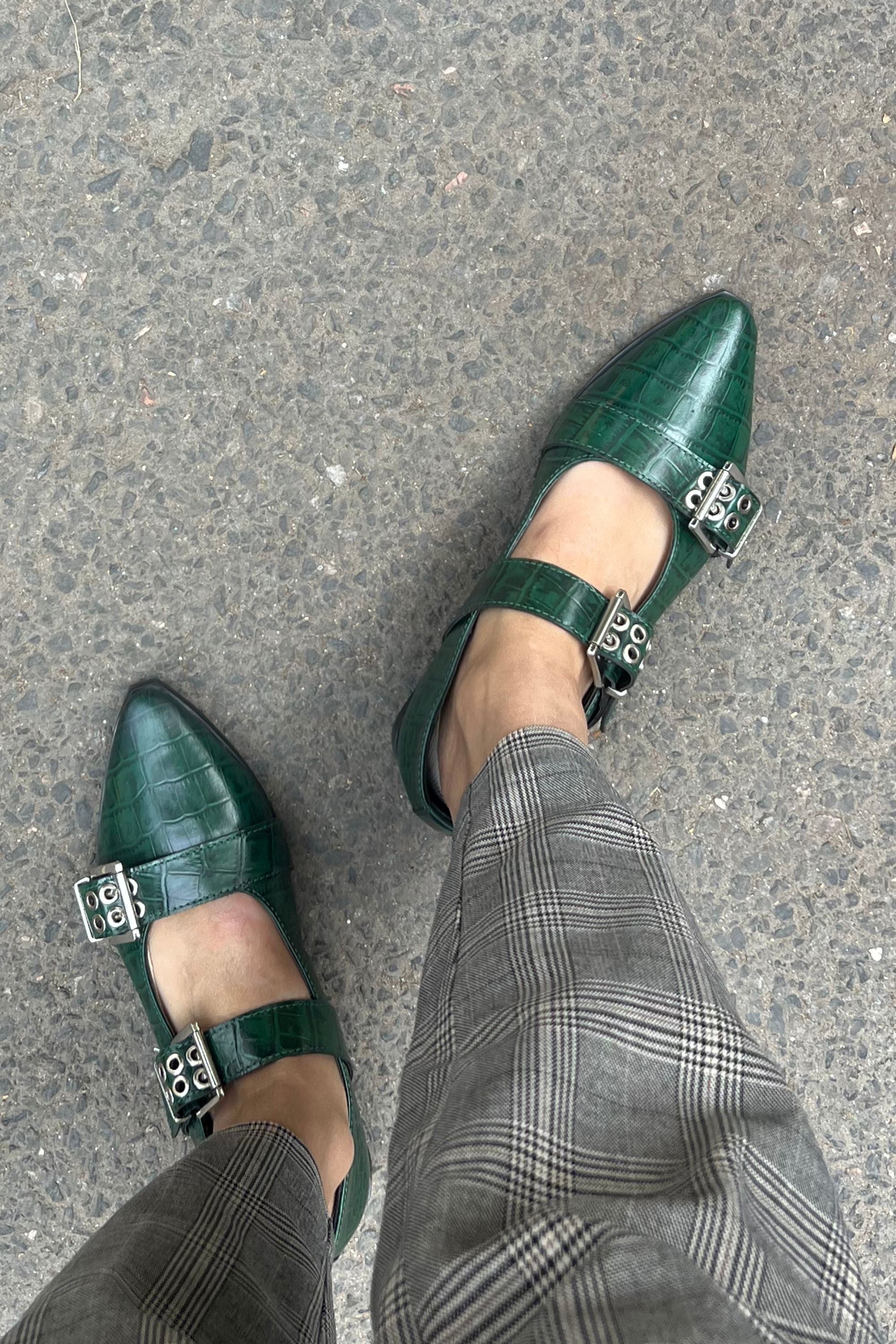 Buckled Ballet Flats in Forest Green