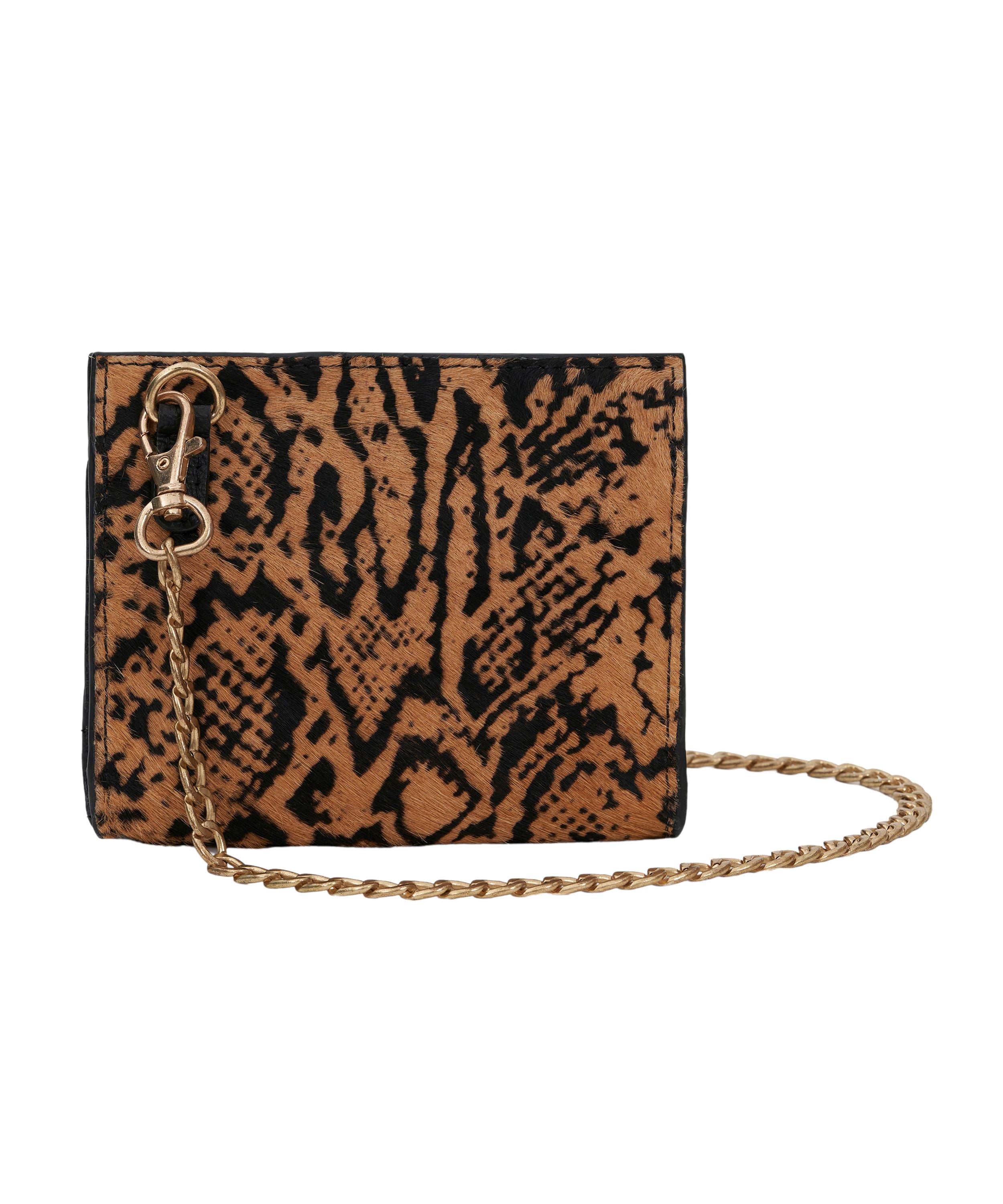 Brown Snake Print Hair-on Micro Bag with Dull Gold Chain