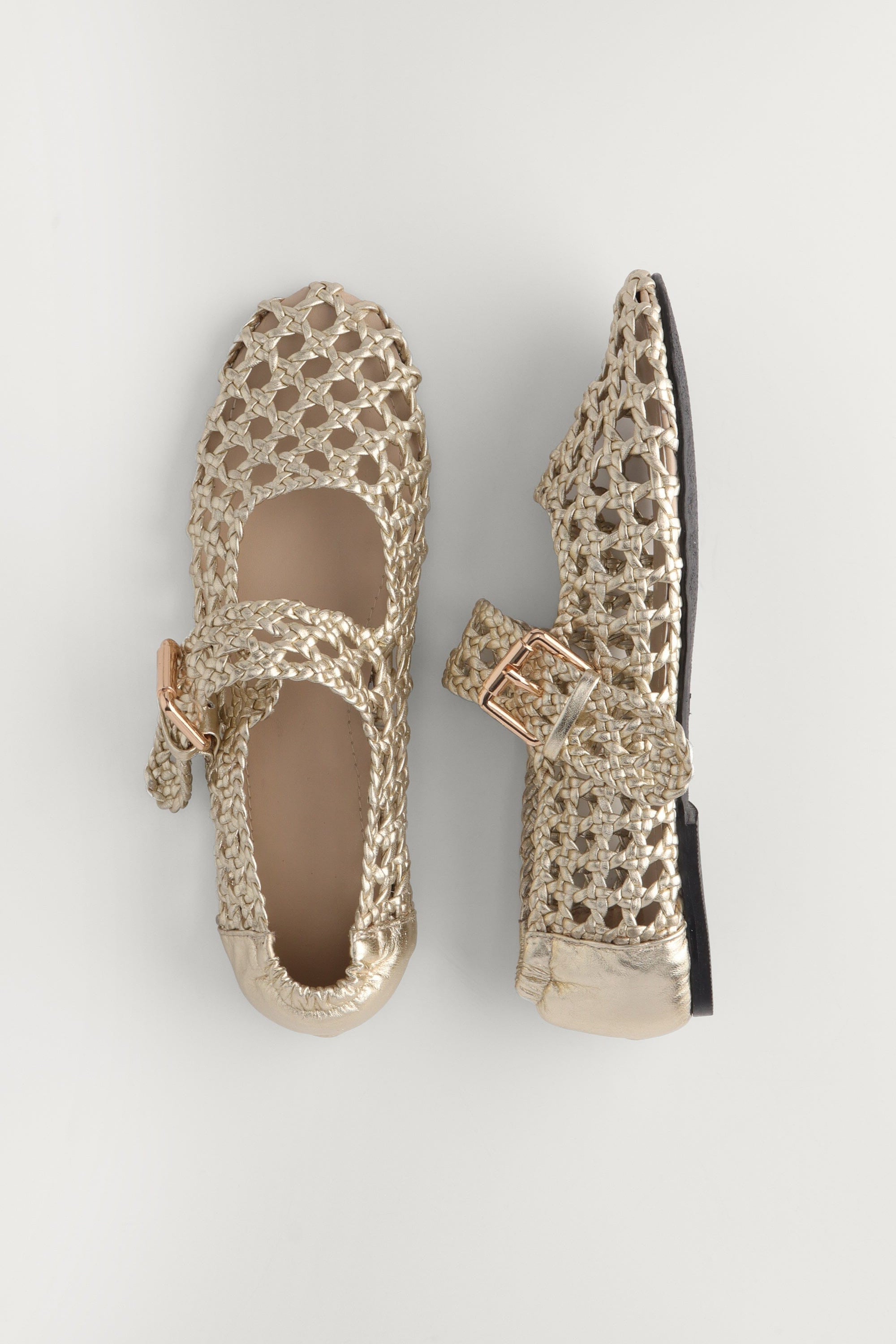 Woven Buckled Flats in Champagne