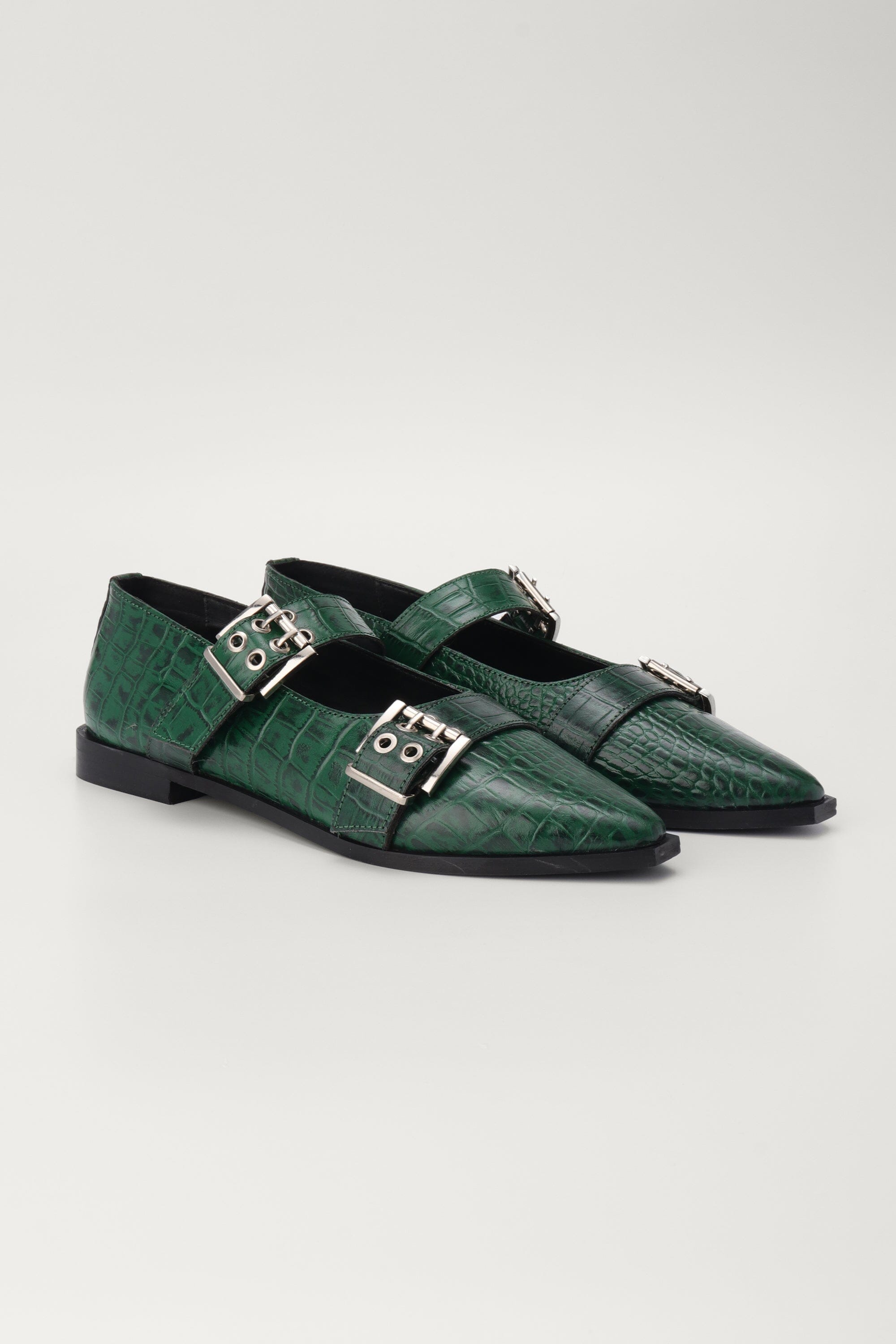 Buckled Ballet Flats in Forest Green