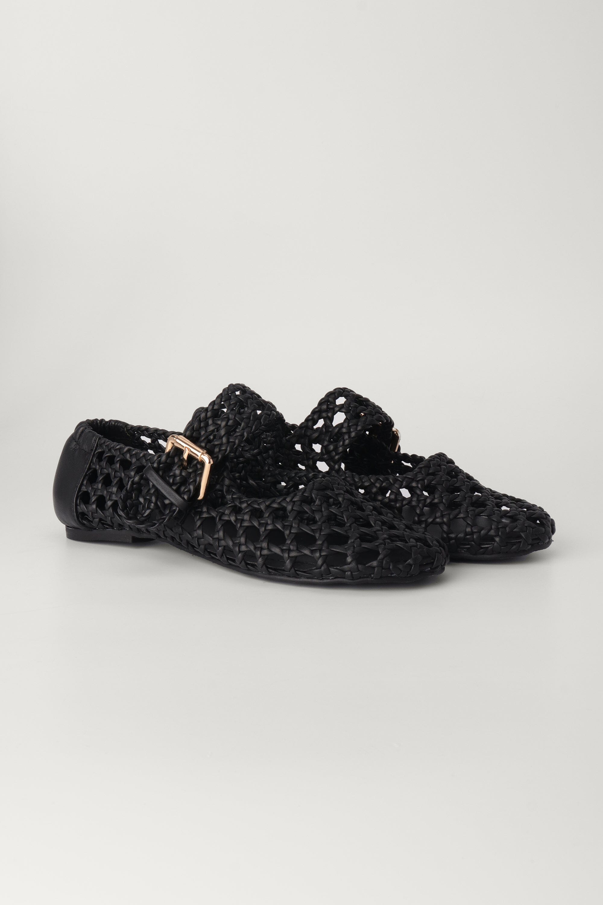 Woven Buckled Flats in Black