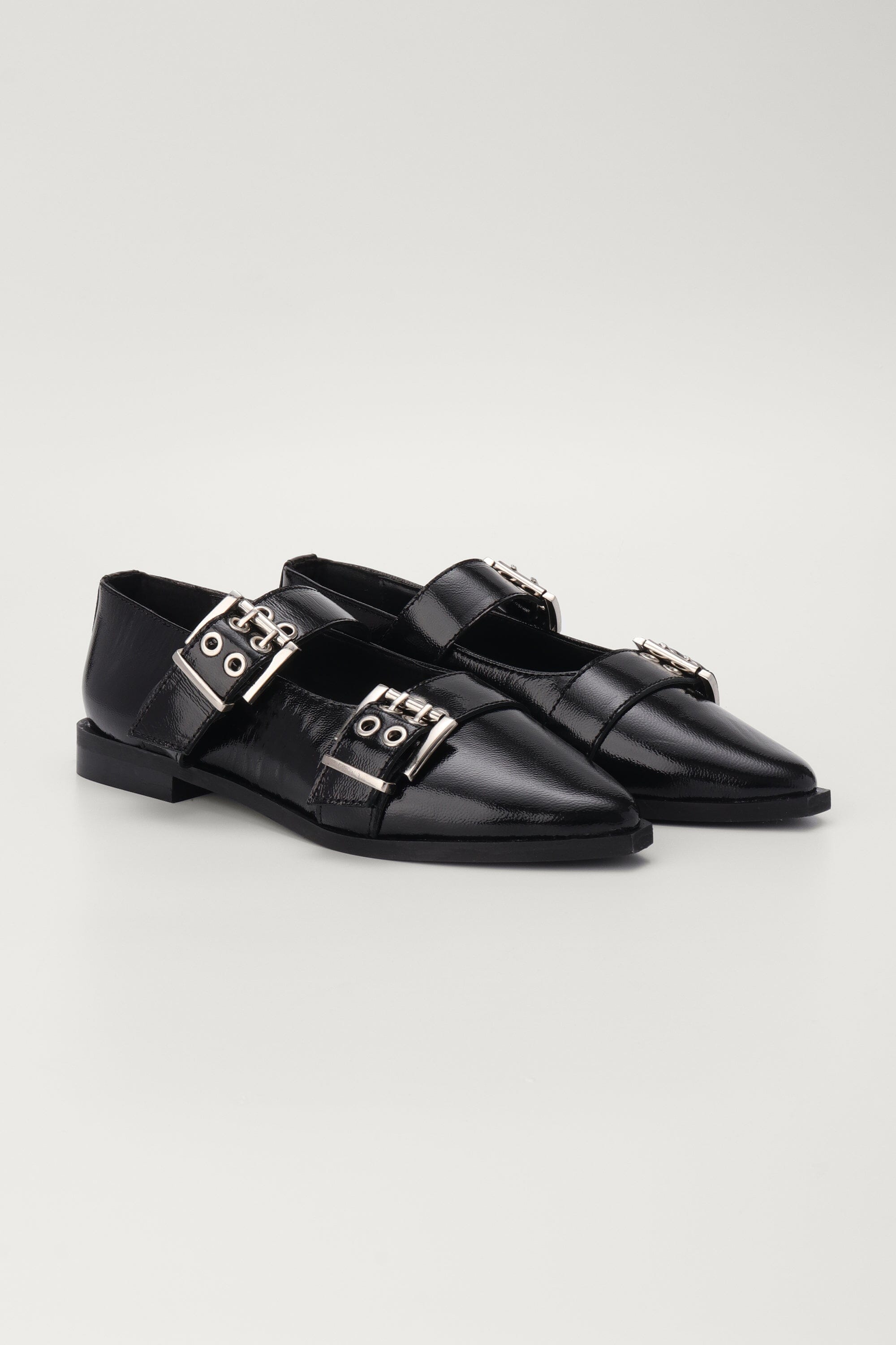 Buckled Ballet Flats in Black Patent Leather