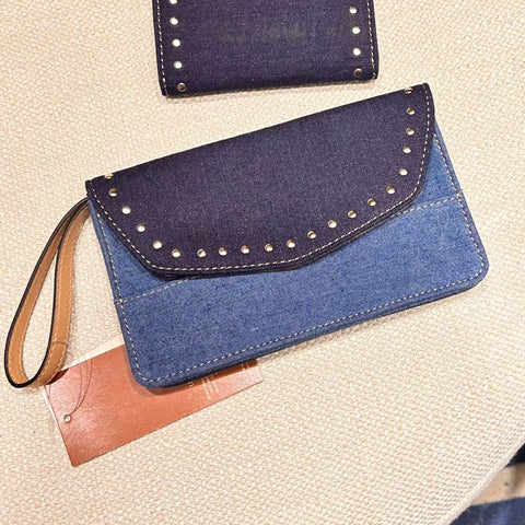 Denim Leather Wallet with Stud Details